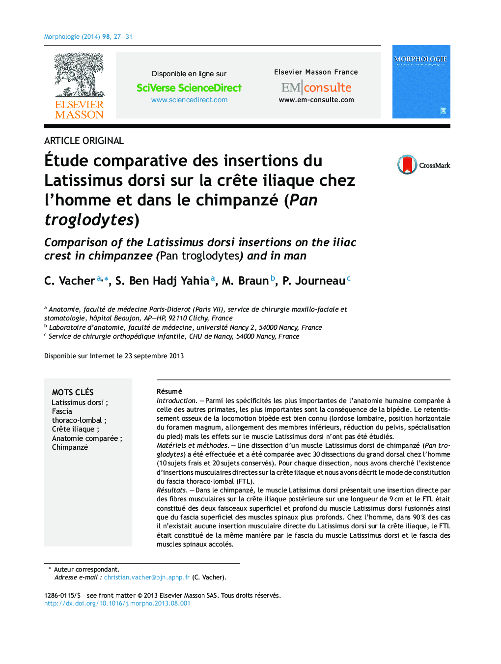 Ãtude comparative des insertions du Latissimus dorsi sur la crÃªte iliaque chez l'homme et dans le chimpanzé (Pan troglodytes)