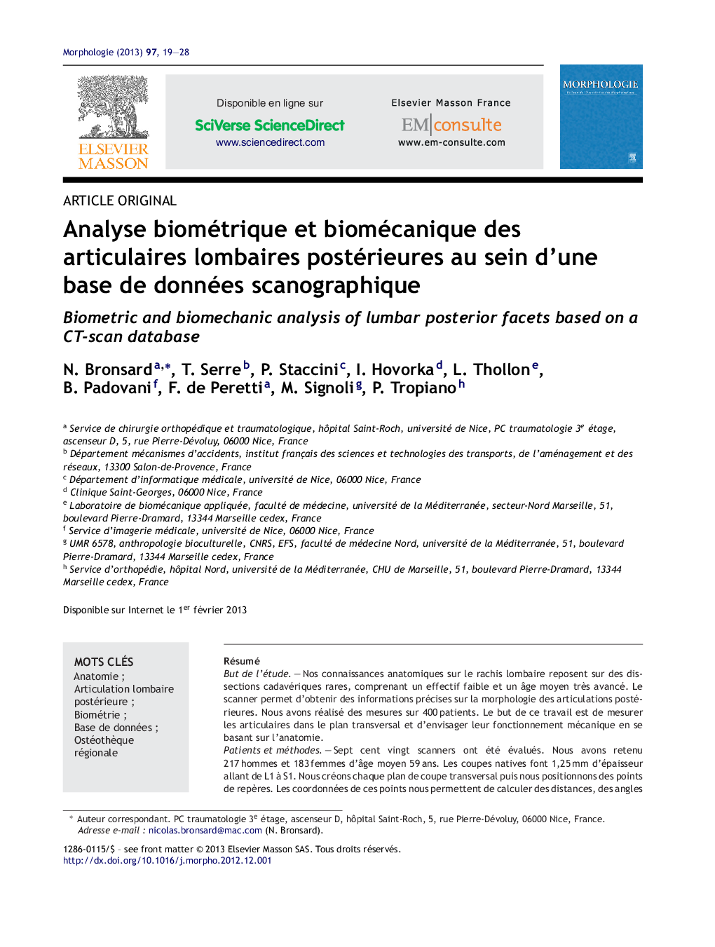 Analyse biométrique et biomécanique des articulaires lombaires postérieures au sein d'une base de données scanographique