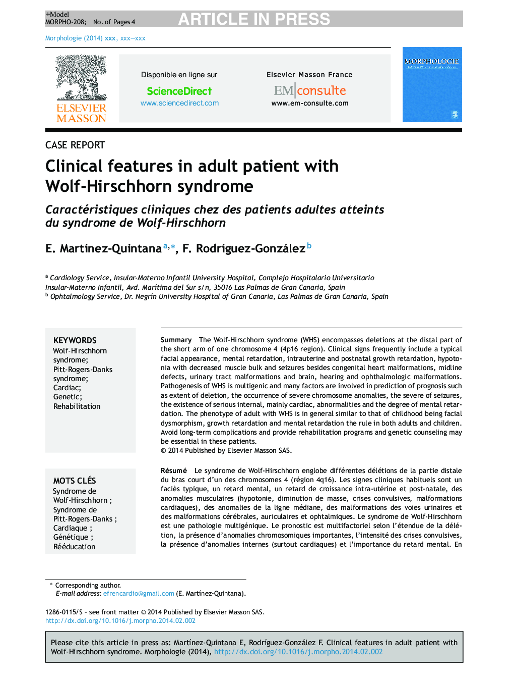 Clinical features in adult patient with Wolf-Hirschhorn syndrome