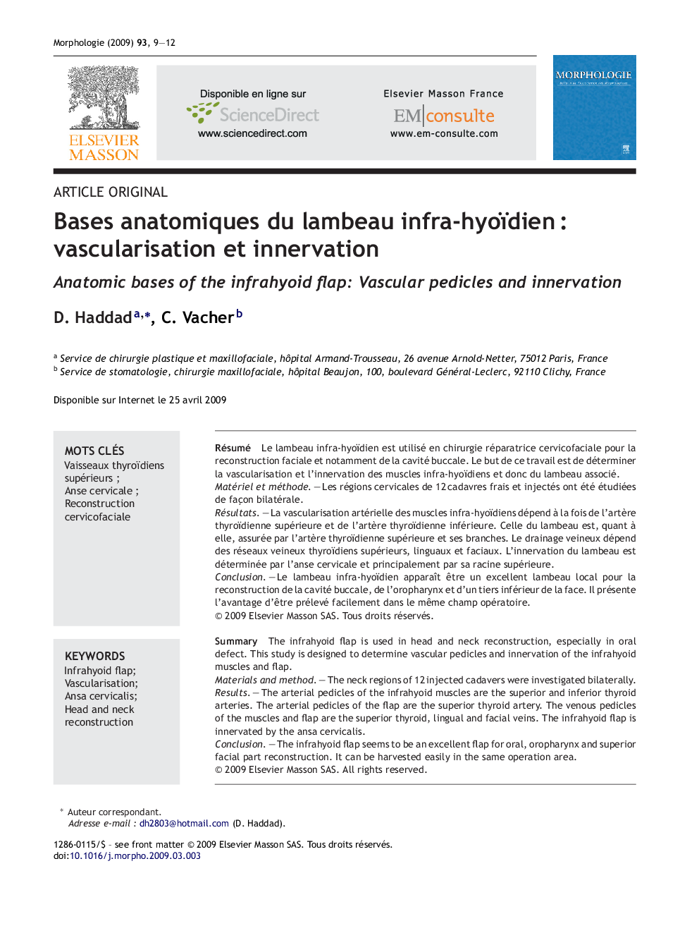 Bases anatomiques du lambeau infra-hyoïdienÂ : vascularisation et innervation