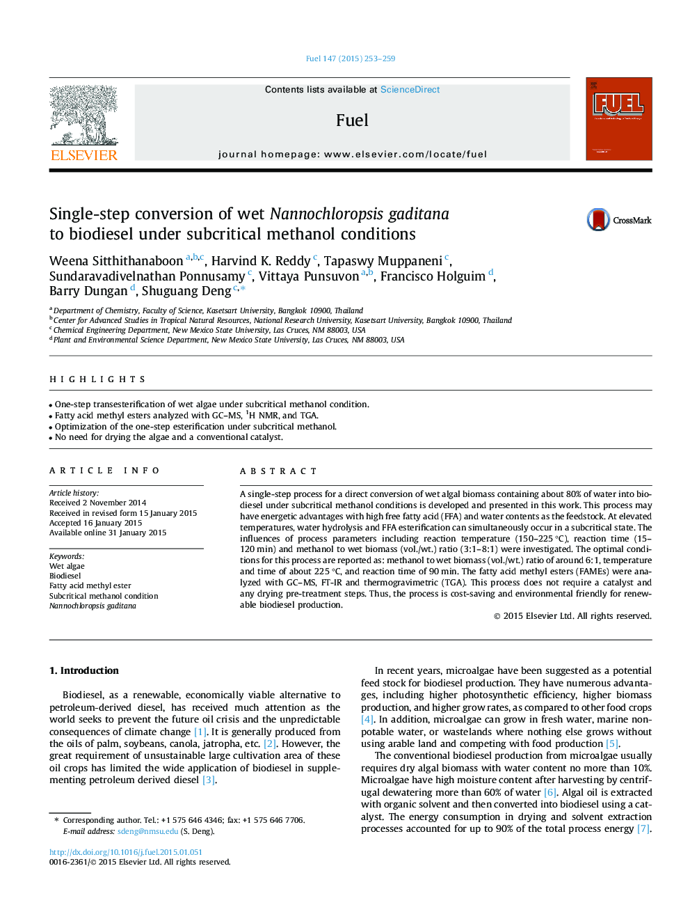Single-step conversion of wet Nannochloropsis gaditana to biodiesel under subcritical methanol conditions