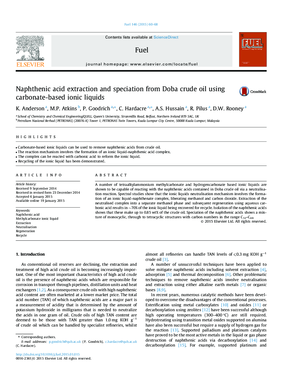 Naphthenic acid extraction and speciation from Doba crude oil using carbonate-based ionic liquids