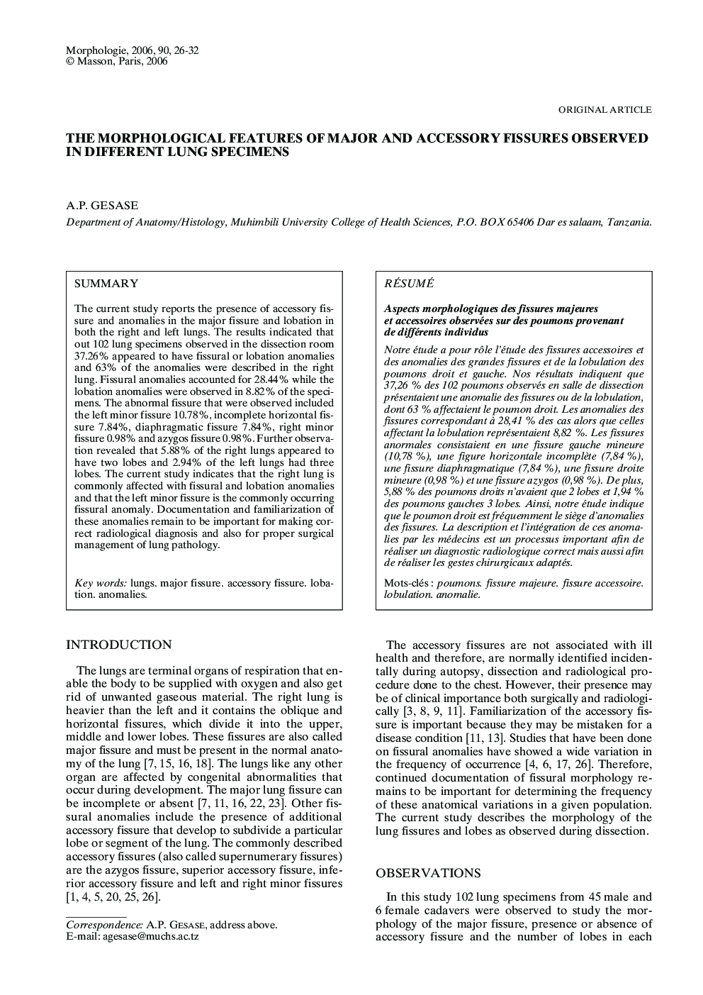 The morphological features of major and accessory fissures observed in different lung specimens