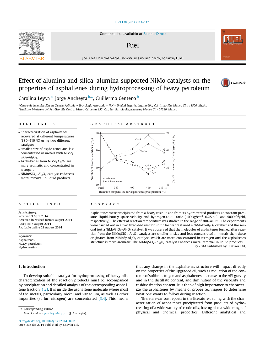 Effect of alumina and silica–alumina supported NiMo catalysts on the properties of asphaltenes during hydroprocessing of heavy petroleum