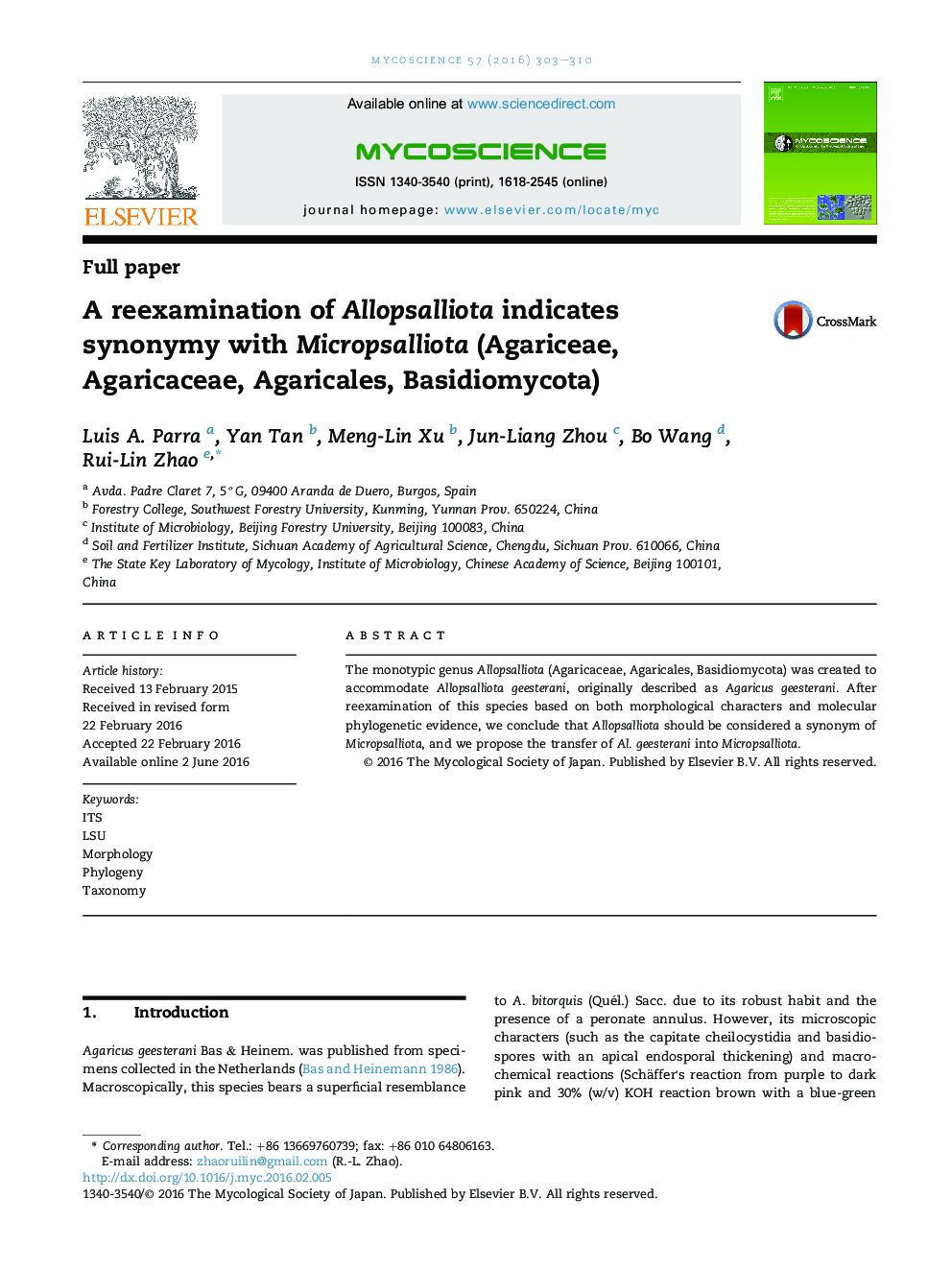 A reexamination of Allopsalliota indicates synonymy with Micropsalliota (Agariceae, Agaricaceae, Agaricales, Basidiomycota)