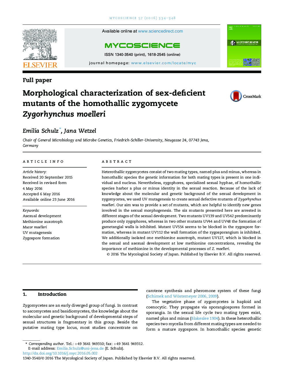 Morphological characterization of sex-deficient mutants of the homothallic zygomycete Zygorhynchus moelleri