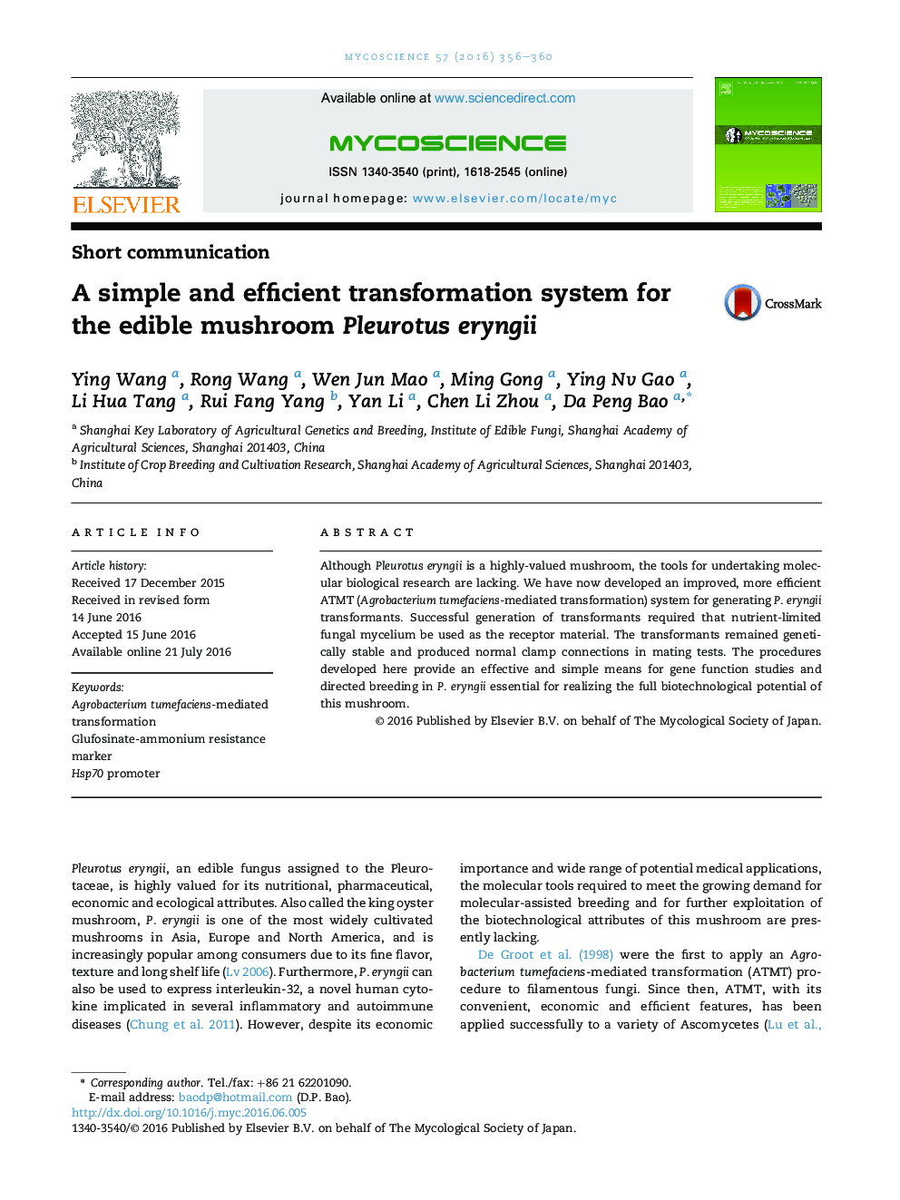 A simple and efficient transformation system for the edible mushroom Pleurotus eryngii