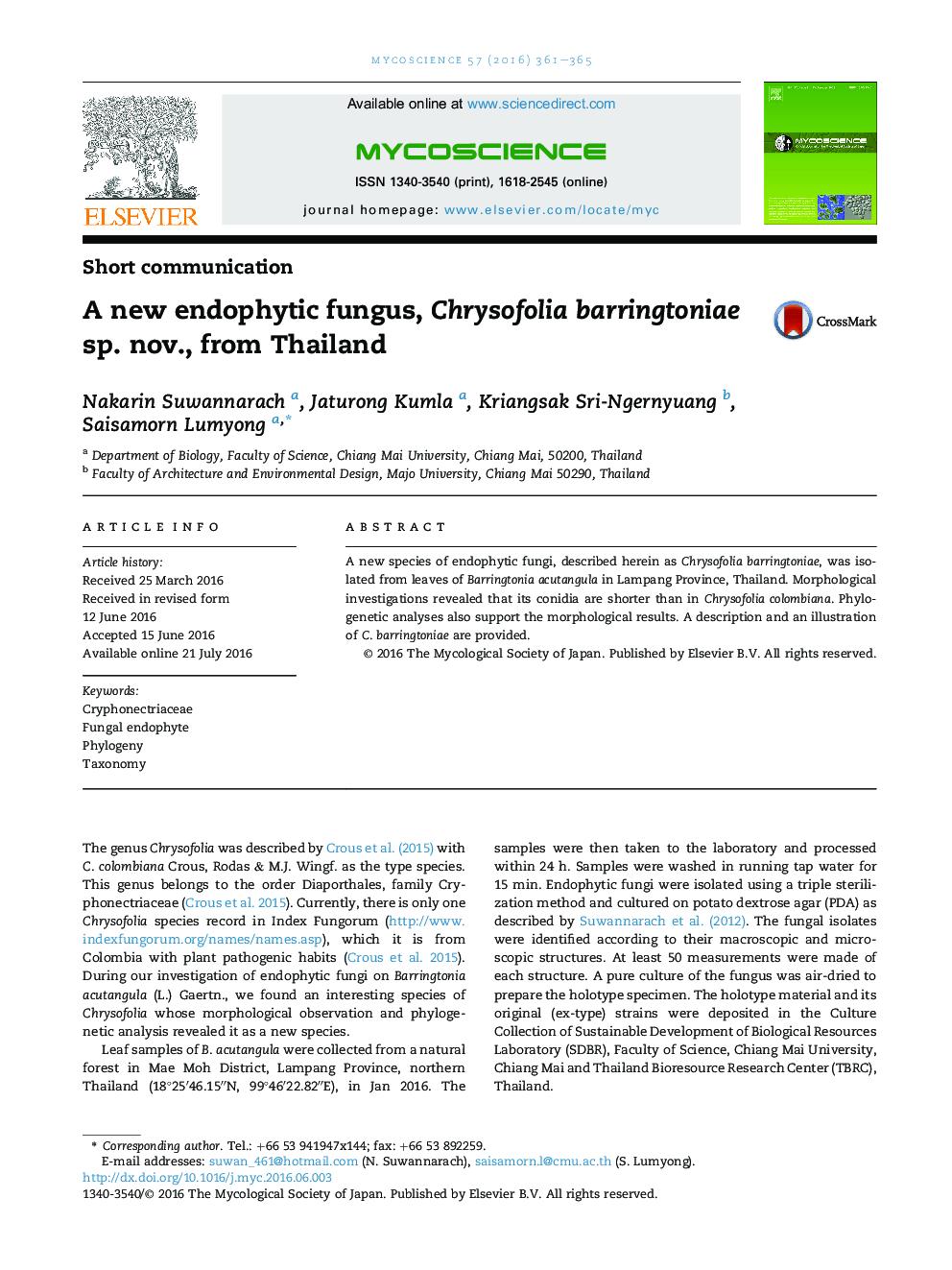 قارچ های اندوفیت جدید، Chrysofolia SP barringtoniae. Nov، از تایلند