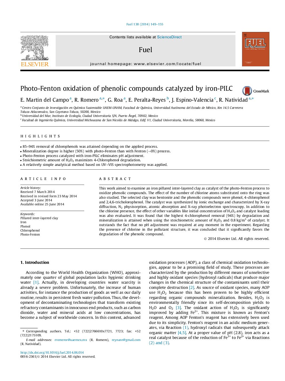 Photo-Fenton oxidation of phenolic compounds catalyzed by iron-PILC