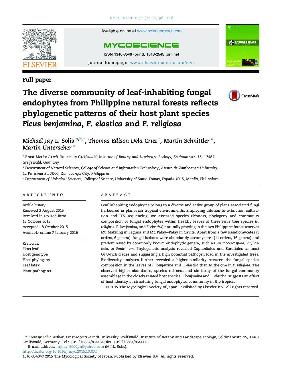 The diverse community of leaf-inhabiting fungal endophytes from Philippine natural forests reflects phylogenetic patterns of their host plant species Ficus benjamina, F. elastica and F. religiosa