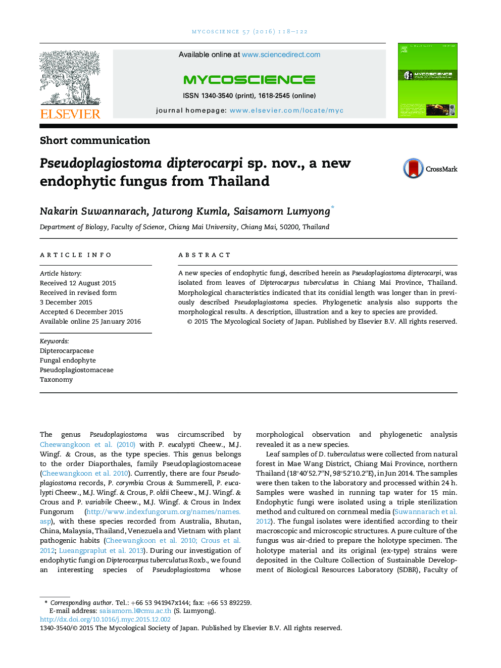 Pseudoplagiostoma dipterocarpi sp. Nov. یک قارچ اندوفیت جدید از تایلند