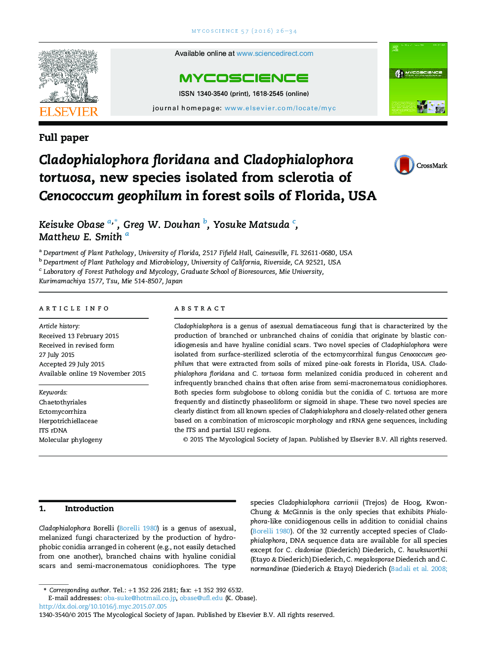 Cladophialophora floridana and Cladophialophora tortuosa, new species isolated from sclerotia of Cenococcum geophilum in forest soils of Florida, USA