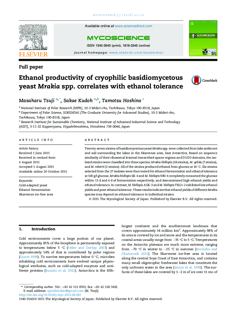 Ethanol productivity of cryophilic basidiomycetous yeast Mrakia spp. correlates with ethanol tolerance