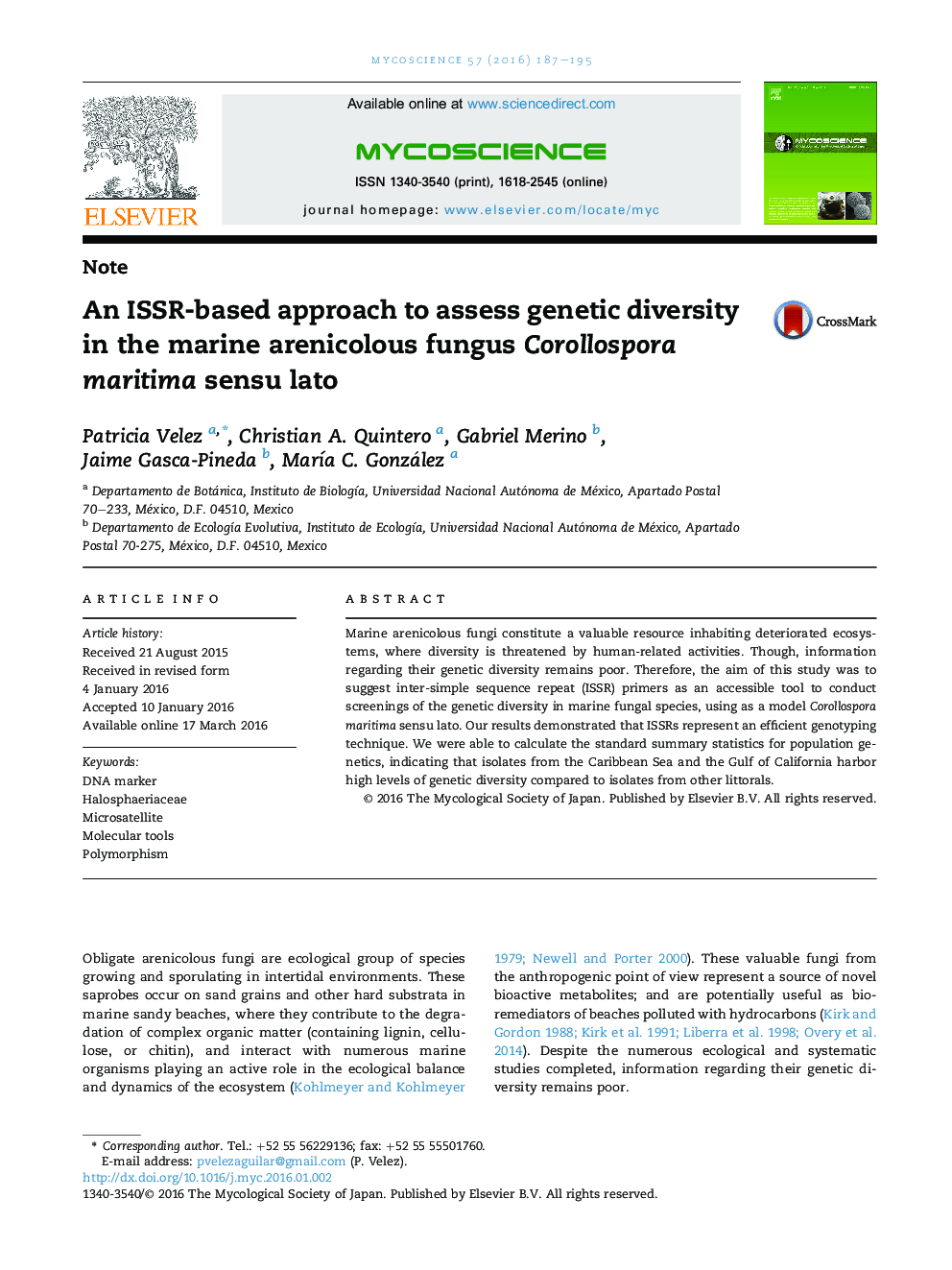 An ISSR-based approach to assess genetic diversity in the marine arenicolous fungus Corollospora maritima sensu lato