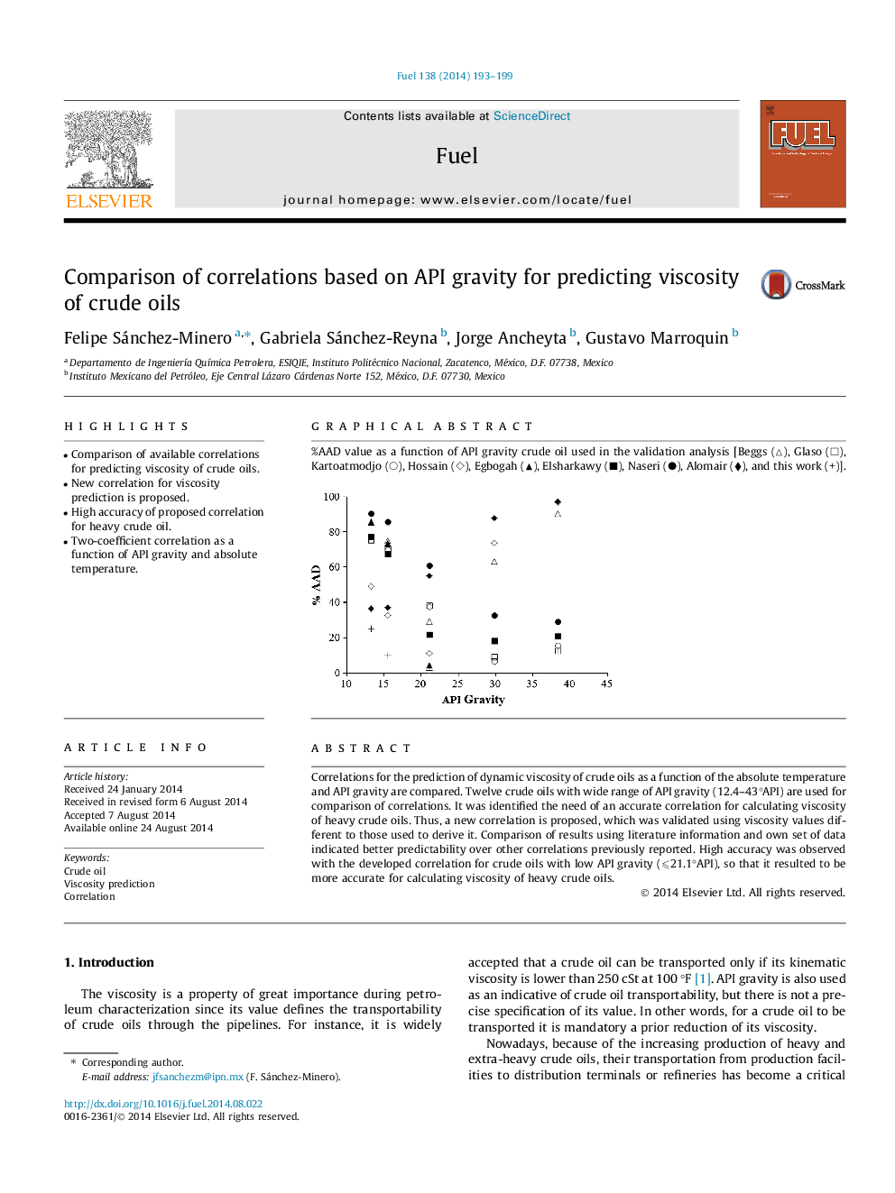 Comparison of correlations based on API gravity for predicting viscosity of crude oils