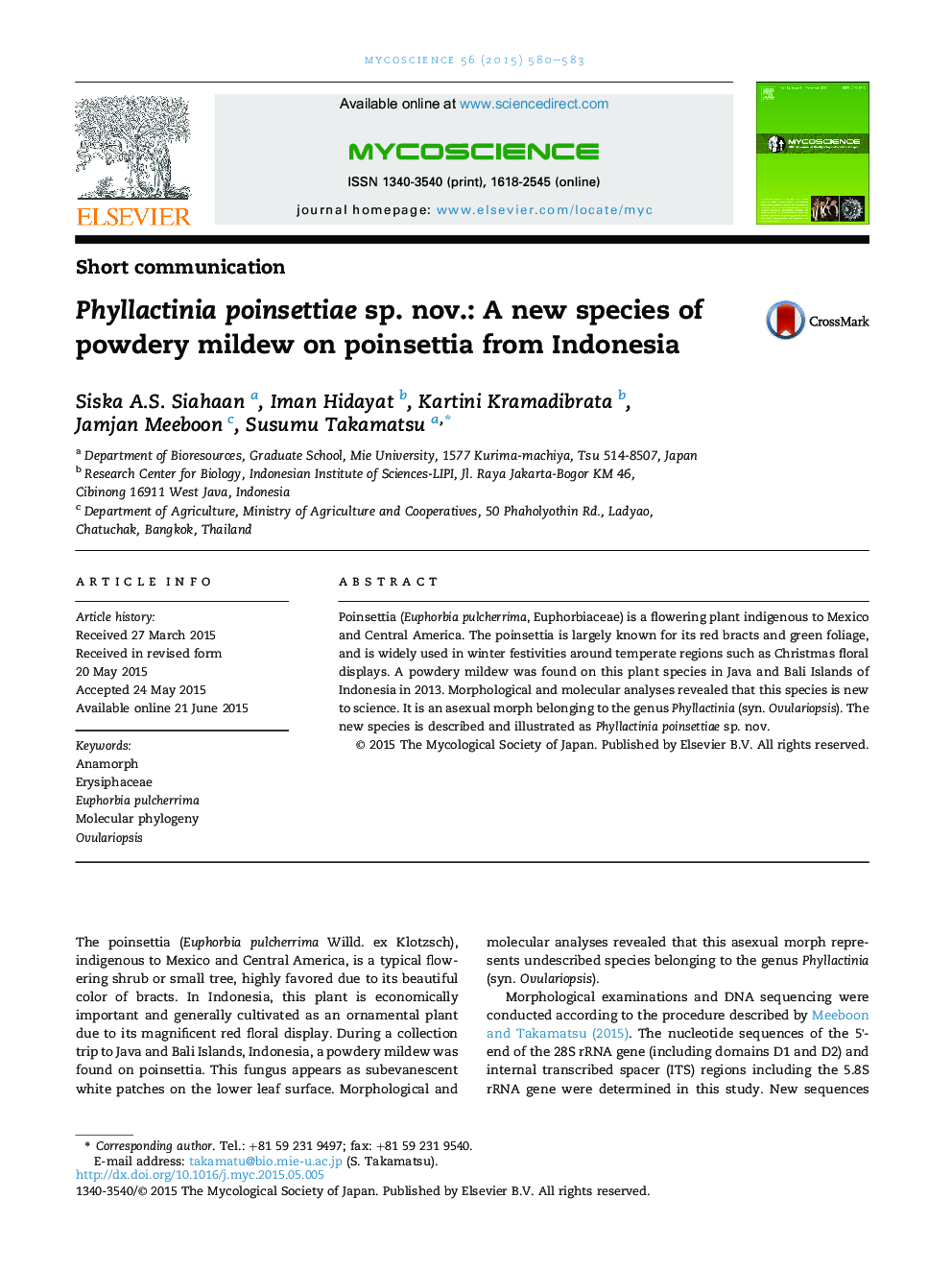 Phyllactinia poinsettiae sp. nov.: A new species of powdery mildew on poinsettia from Indonesia