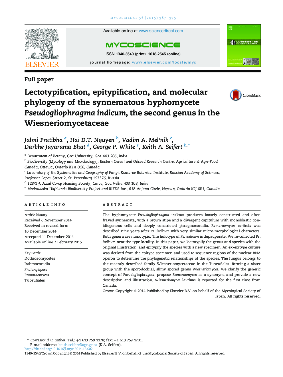 Lectotypification, epitypification, and molecular phylogeny of the synnematous hyphomycete Pseudogliophragma indicum, the second genus in the Wiesneriomycetaceae