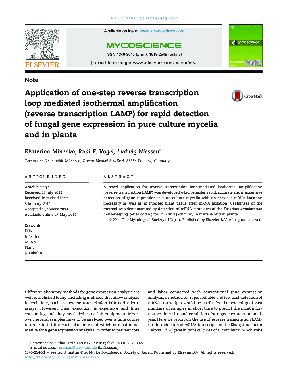 Application of one-step reverse transcription loop mediated isothermal amplification (reverse transcription LAMP) for rapid detection of fungal gene expression in pure culture mycelia and in planta