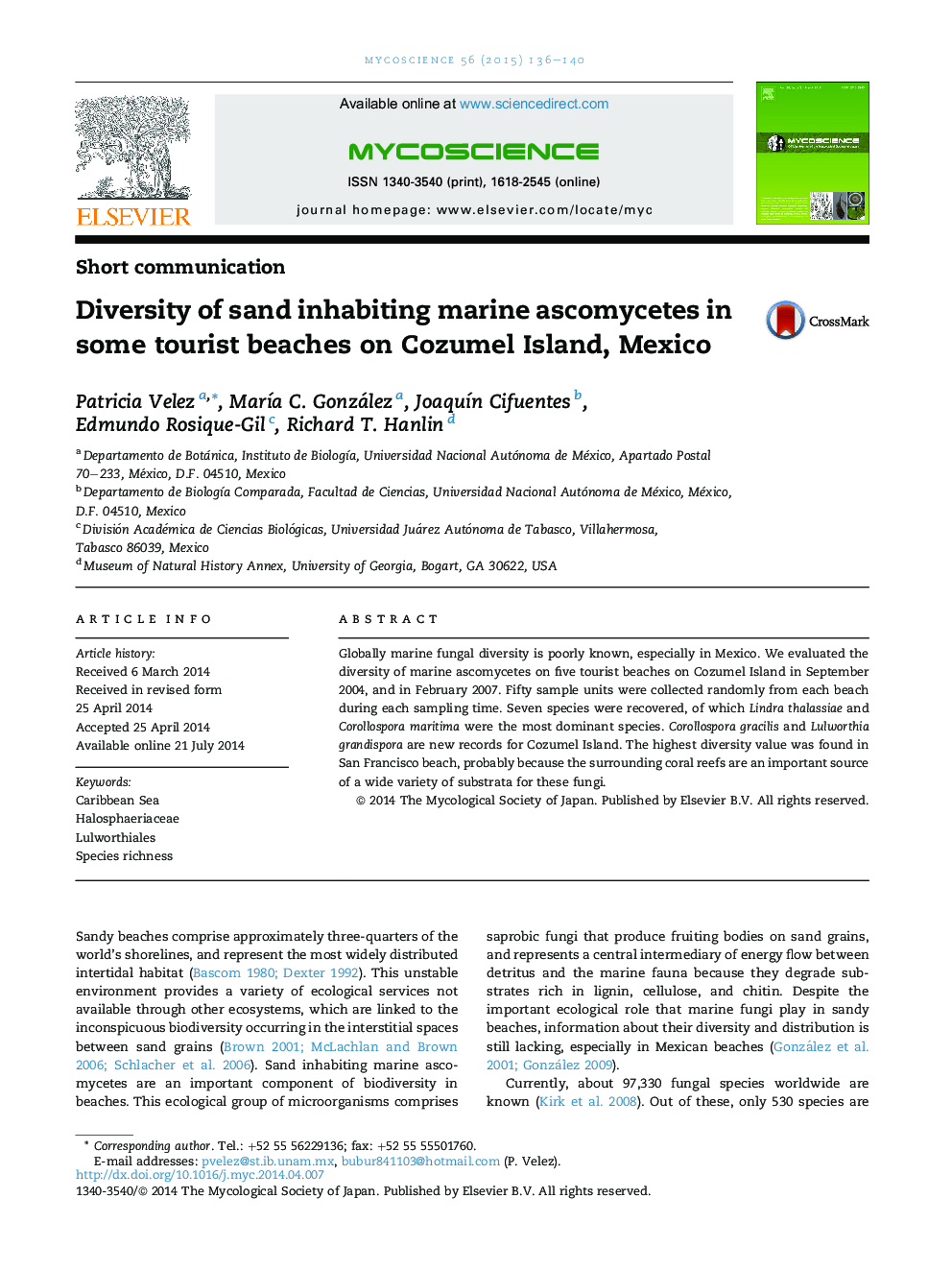 Diversity of sand inhabiting marine ascomycetes in some tourist beaches on Cozumel Island, Mexico