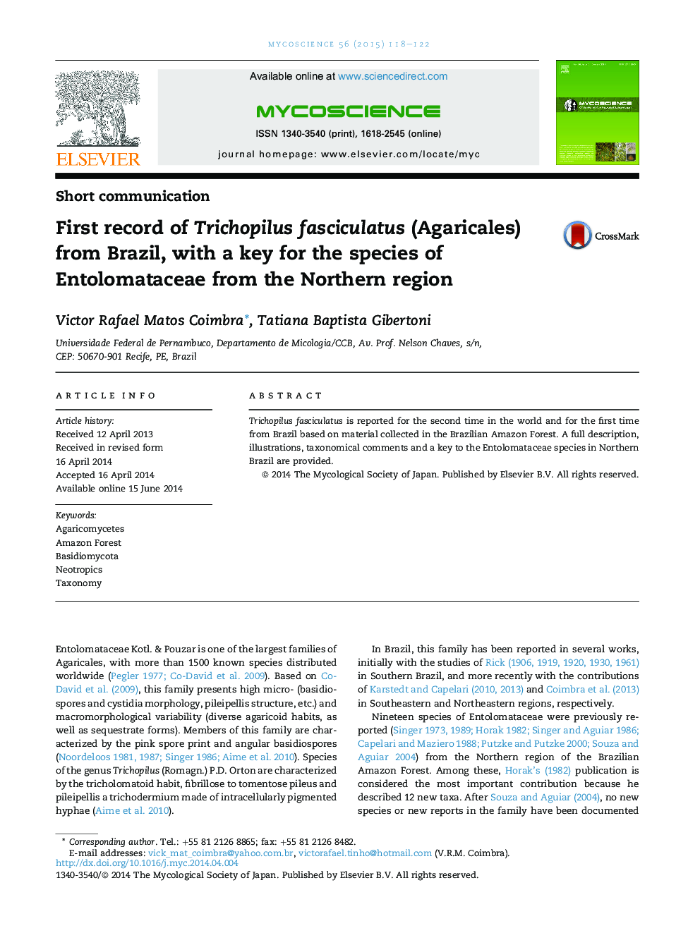 First record of Trichopilus fasciculatus (Agaricales) from Brazil, with a key for the species of Entolomataceae from the Northern region