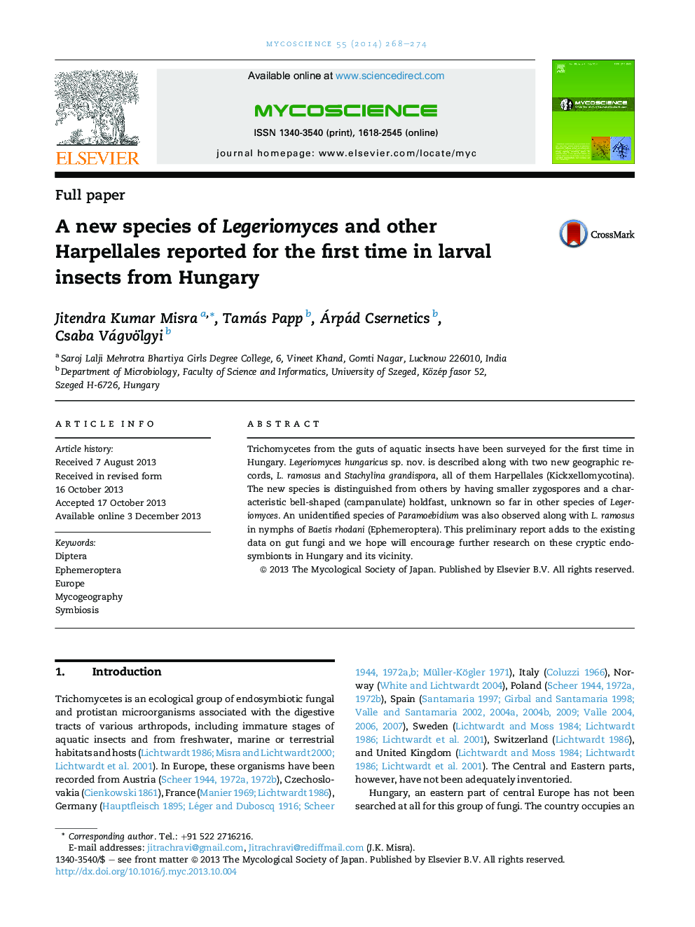 A new species of Legeriomyces and other Harpellales reported for the first time in larval insects from Hungary