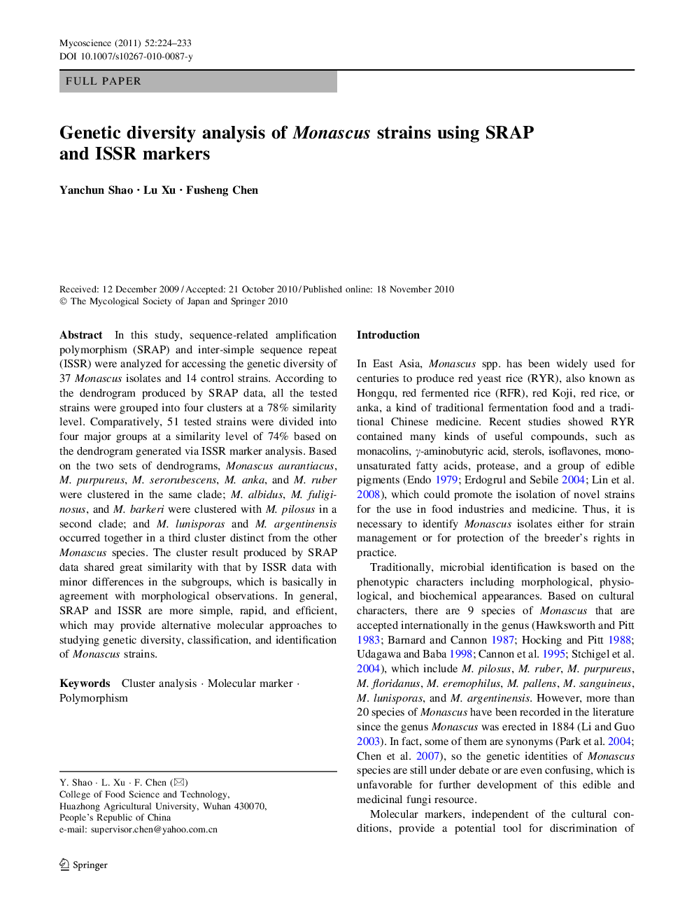 Genetic diversity analysis of Monascus strains using SRAP and ISSR markers