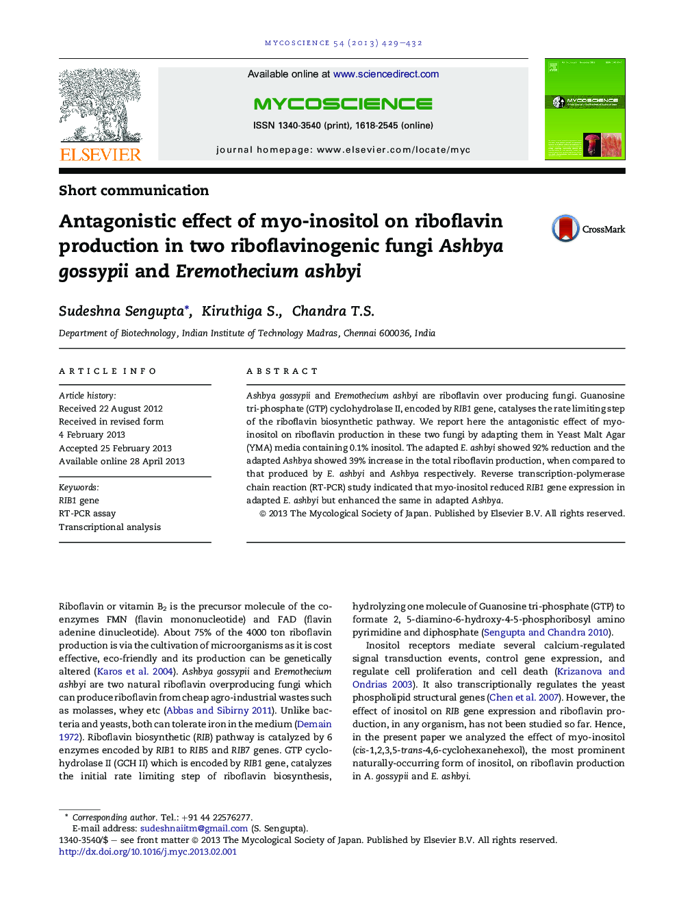 Antagonistic effect of myo-inositol on riboflavin production in two riboflavinogenic fungi Ashbya gossypii and Eremothecium ashbyi