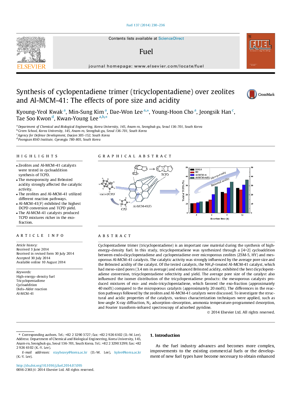 Synthesis of cyclopentadiene trimer (tricyclopentadiene) over zeolites and Al-MCM-41: The effects of pore size and acidity