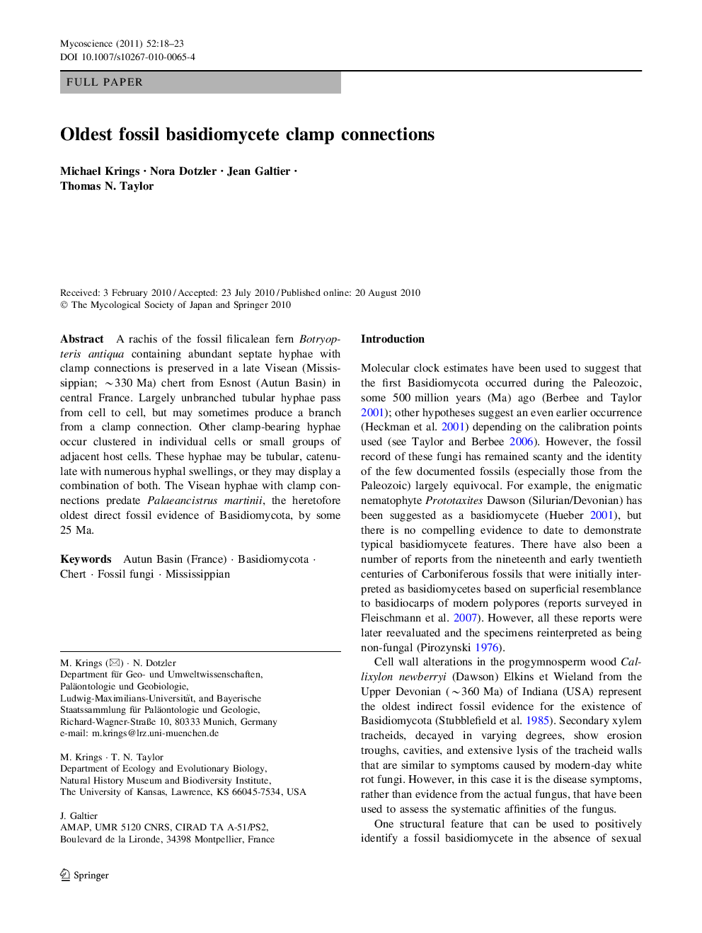 Oldest fossil basidiomycete clamp connections