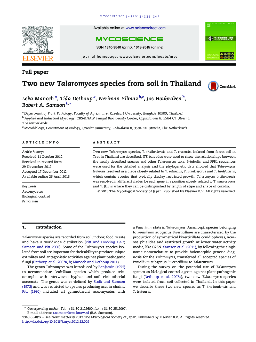 عکس صفحه اول مقاله: Two new Talaromyces species from soil in Thailand Two new Talaromyces species from soil in Thailand