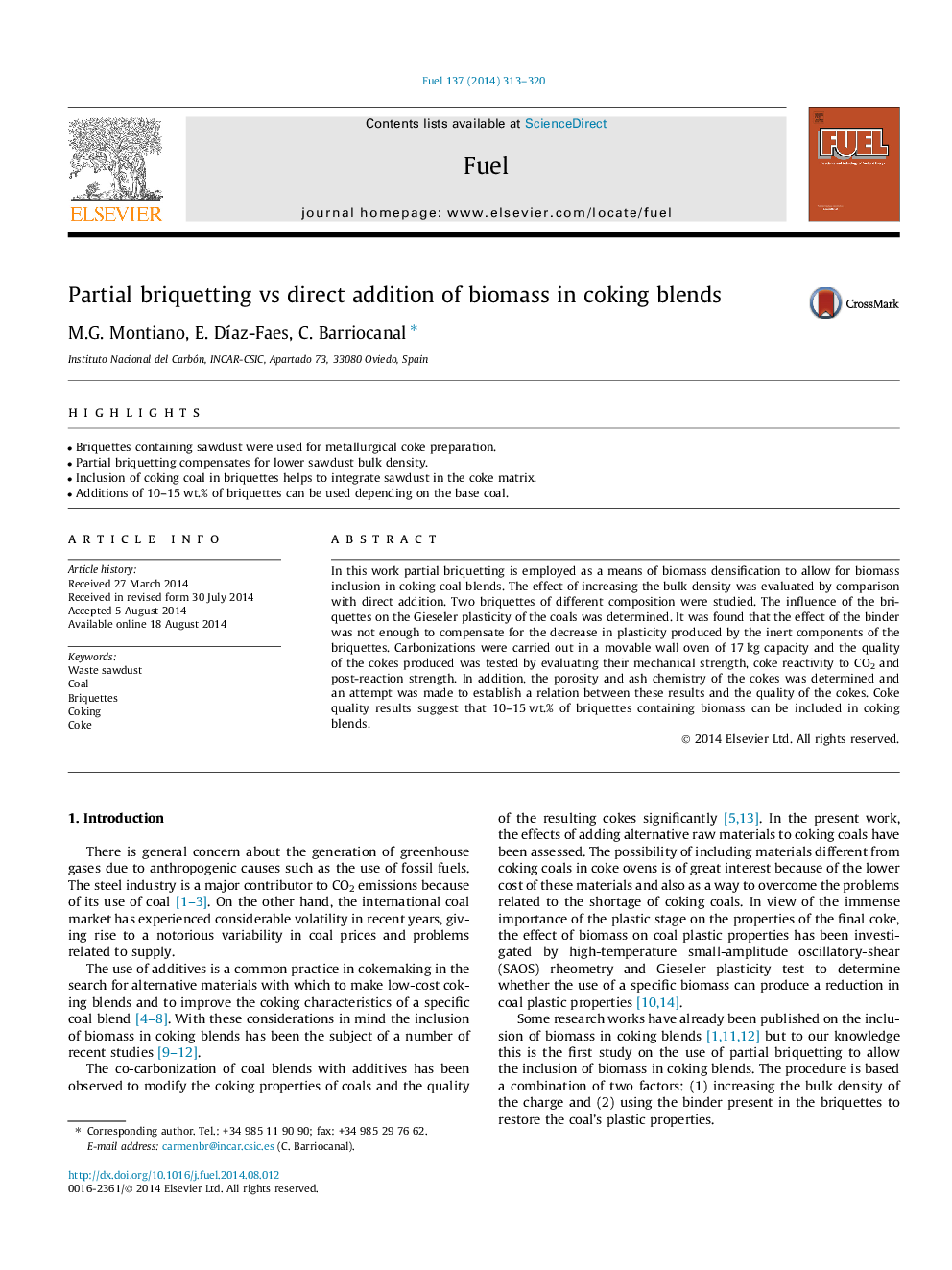 Partial briquetting vs direct addition of biomass in coking blends