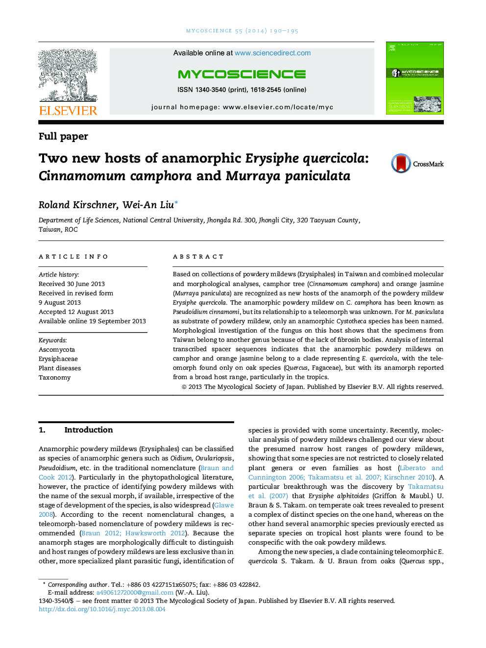 Two new hosts of anamorphic Erysiphe quercicola: Cinnamomum camphora and Murraya paniculata