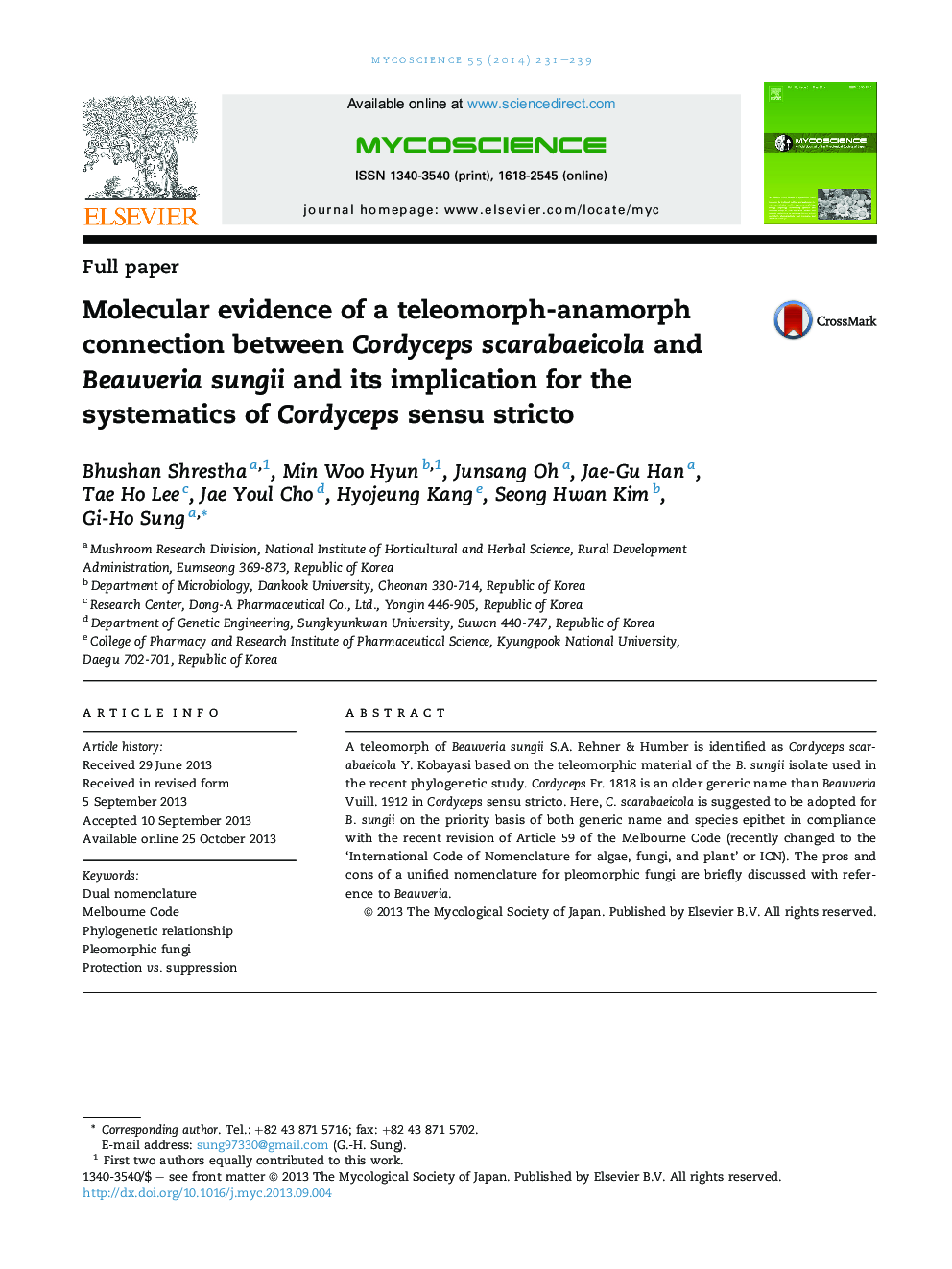 Molecular evidence of a teleomorph-anamorph connection between Cordyceps scarabaeicola and Beauveria sungii and its implication for the systematics of Cordyceps sensu stricto