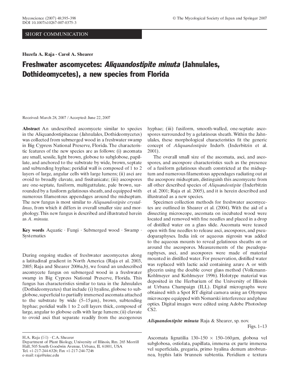 Freshwater ascomycetes: Aliquandostipite minuta (Jahnulales, Dothideomycetes), a new species from Florida