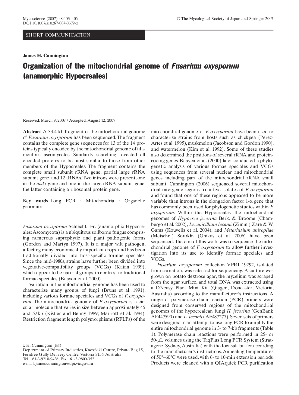 Organization of the mitochondrial genome of Fusarium oxysporum (anamorphic Hypocreales)