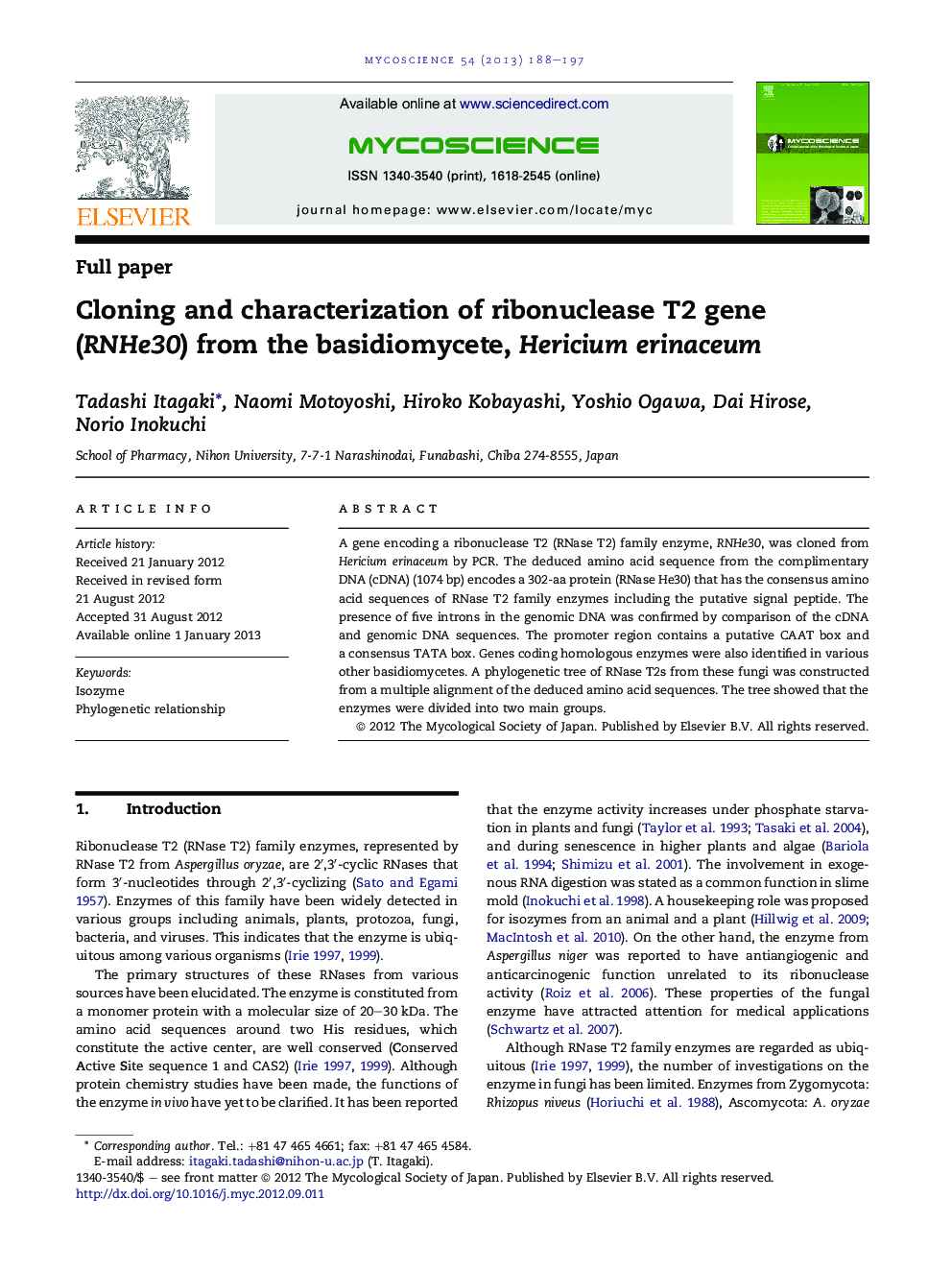 Cloning and characterization of ribonuclease T2 gene (RNHe30) from the basidiomycete, Hericium erinaceum