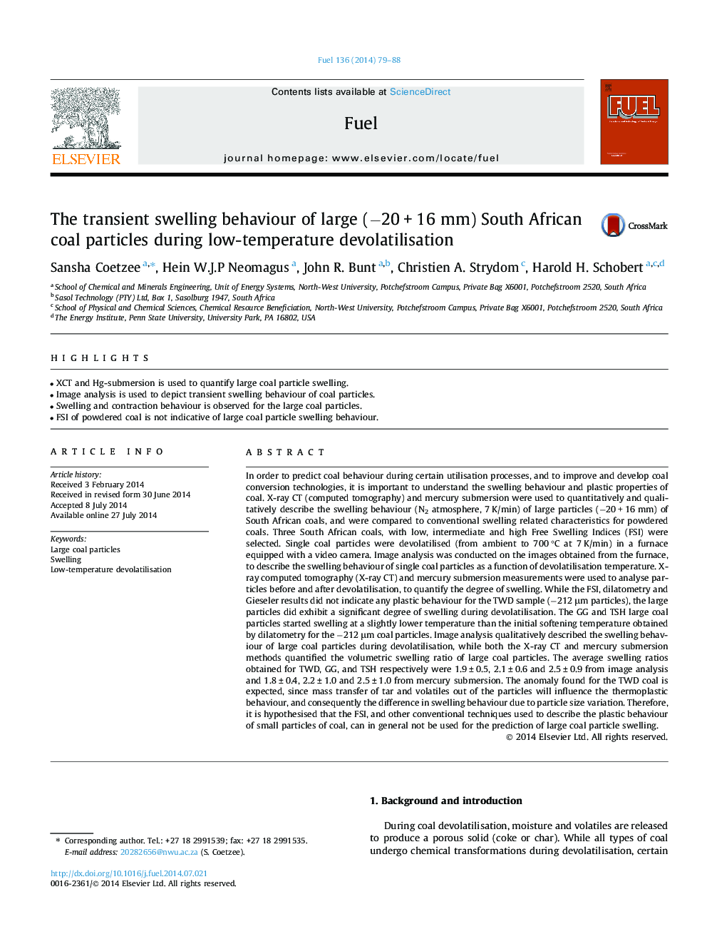 The transient swelling behaviour of large (−20 + 16 mm) South African coal particles during low-temperature devolatilisation