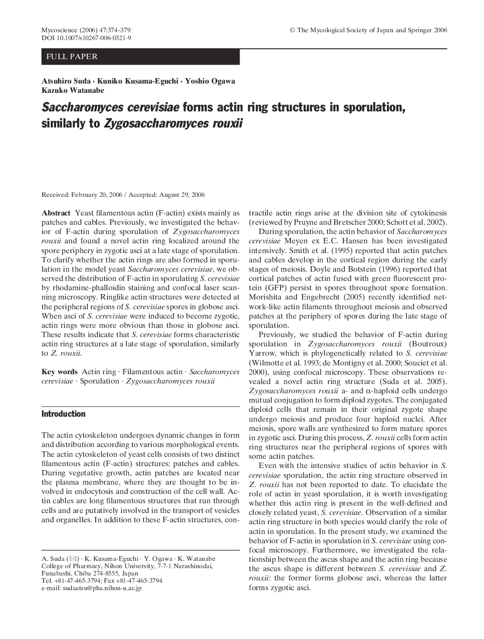 Saccharomyces cerevisiae forms actin ring structures in sporulation, similarly to Zygosaccharomyces rouxii