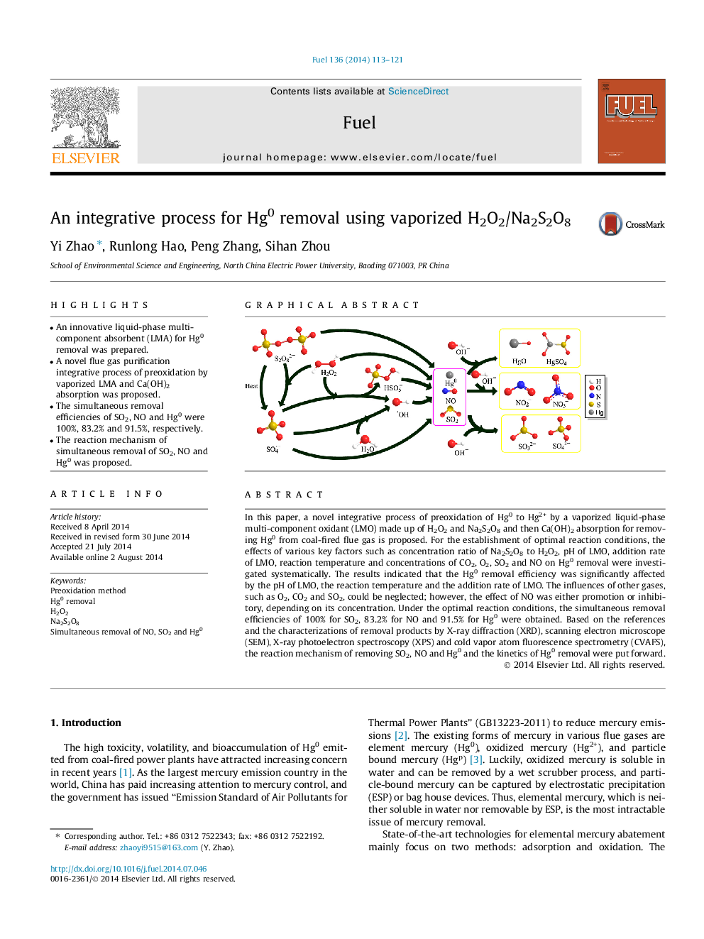 An integrative process for Hg0 removal using vaporized H2O2/Na2S2O8