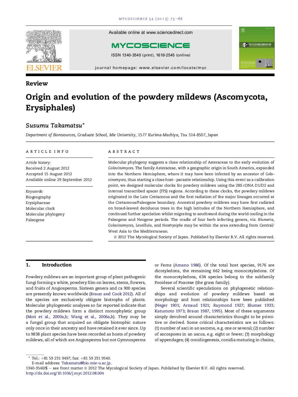 Origin and evolution of the powdery mildews (Ascomycota, Erysiphales)