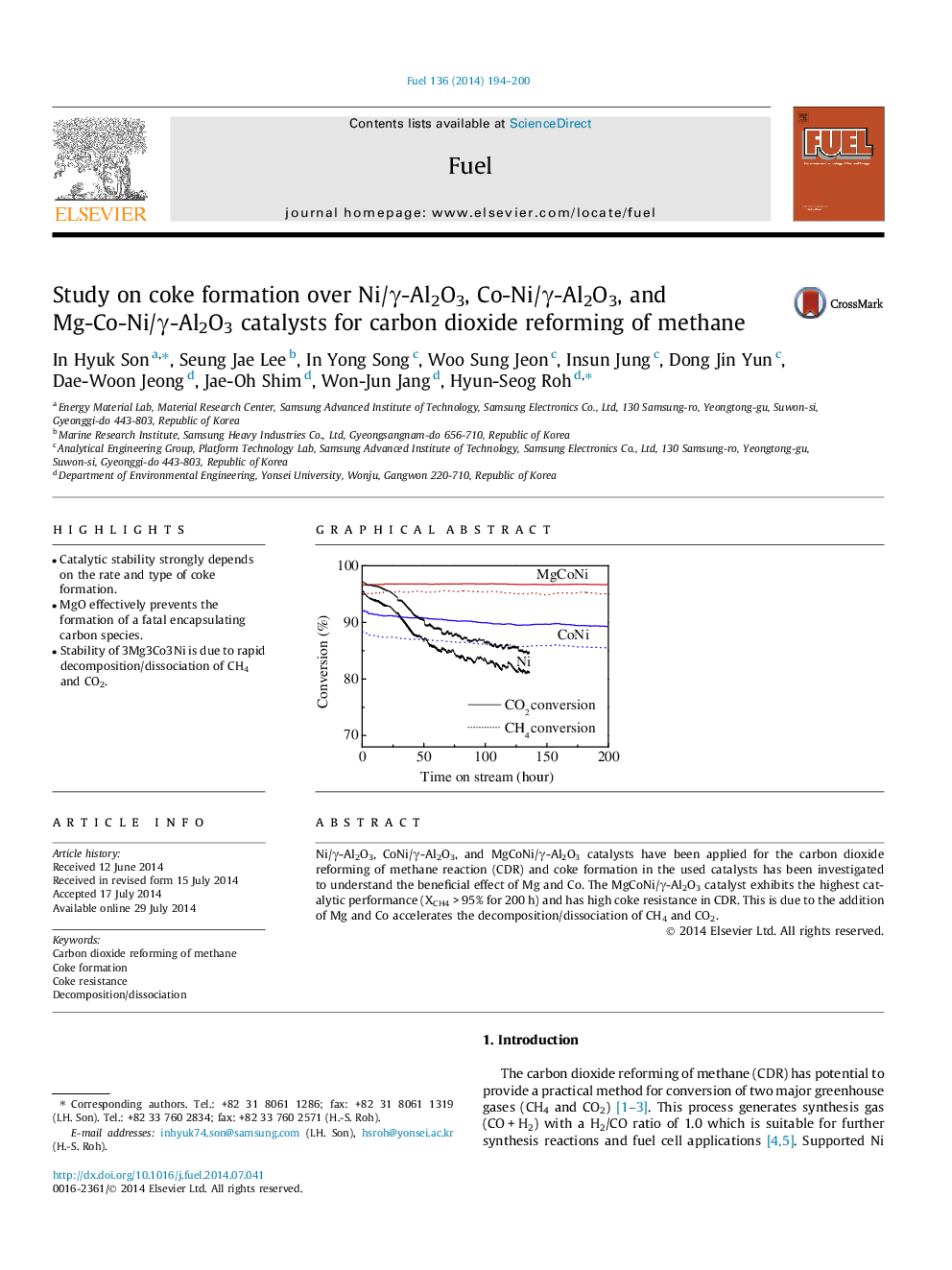عکس صفحه اول مقاله: Study on coke formation over Ni/γ-Al2O3, Co-Ni/γ-Al2O3, and Mg-Co-Ni/γ-Al2O3 catalysts for carbon dioxide reforming of methane Study on coke formation over Ni/γ-Al2O3, Co-Ni/γ-Al2O3, and Mg-Co-Ni/γ-Al2O3 catalysts for carbon dioxide reforming of methane