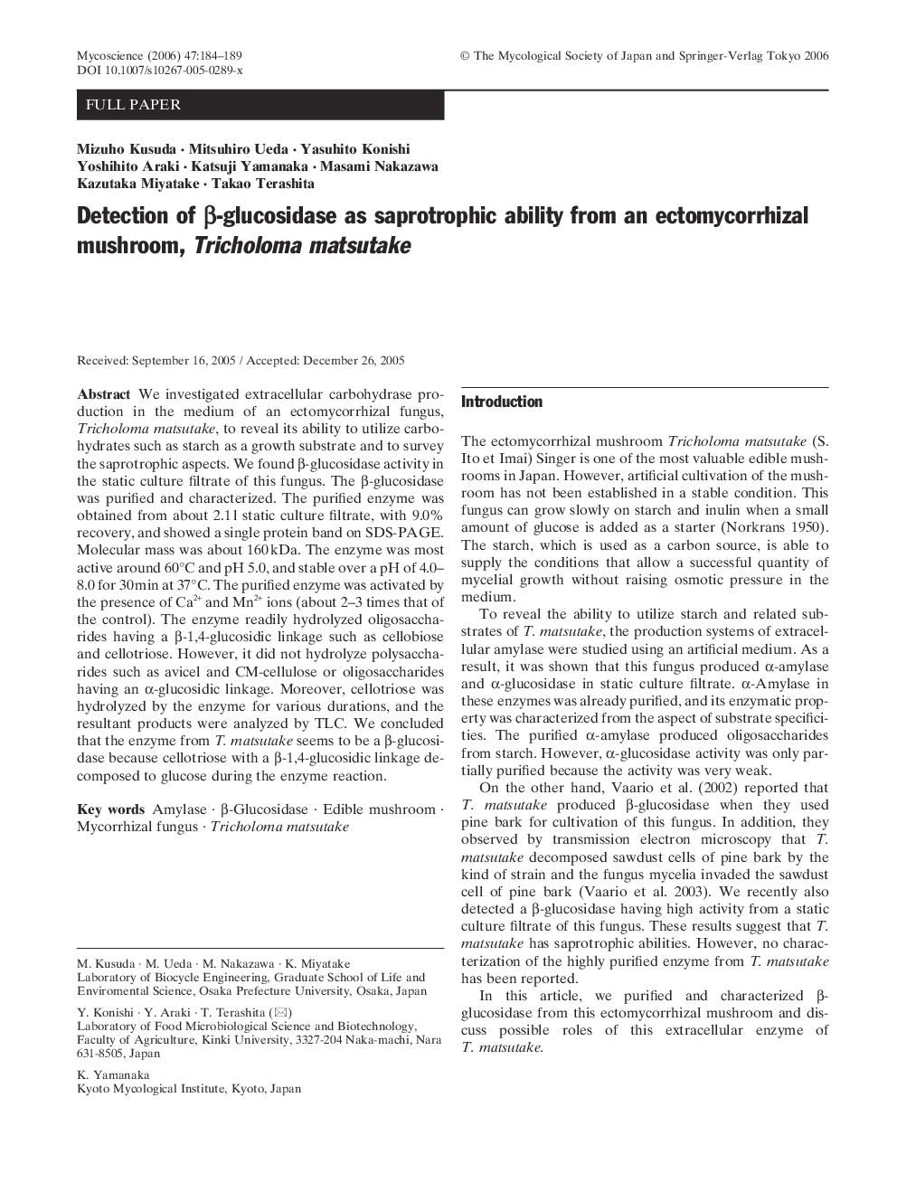Detection of β-glucosidase as saprotrophic ability from an ectomycorrhizal mushroom, Tricholoma matsutake