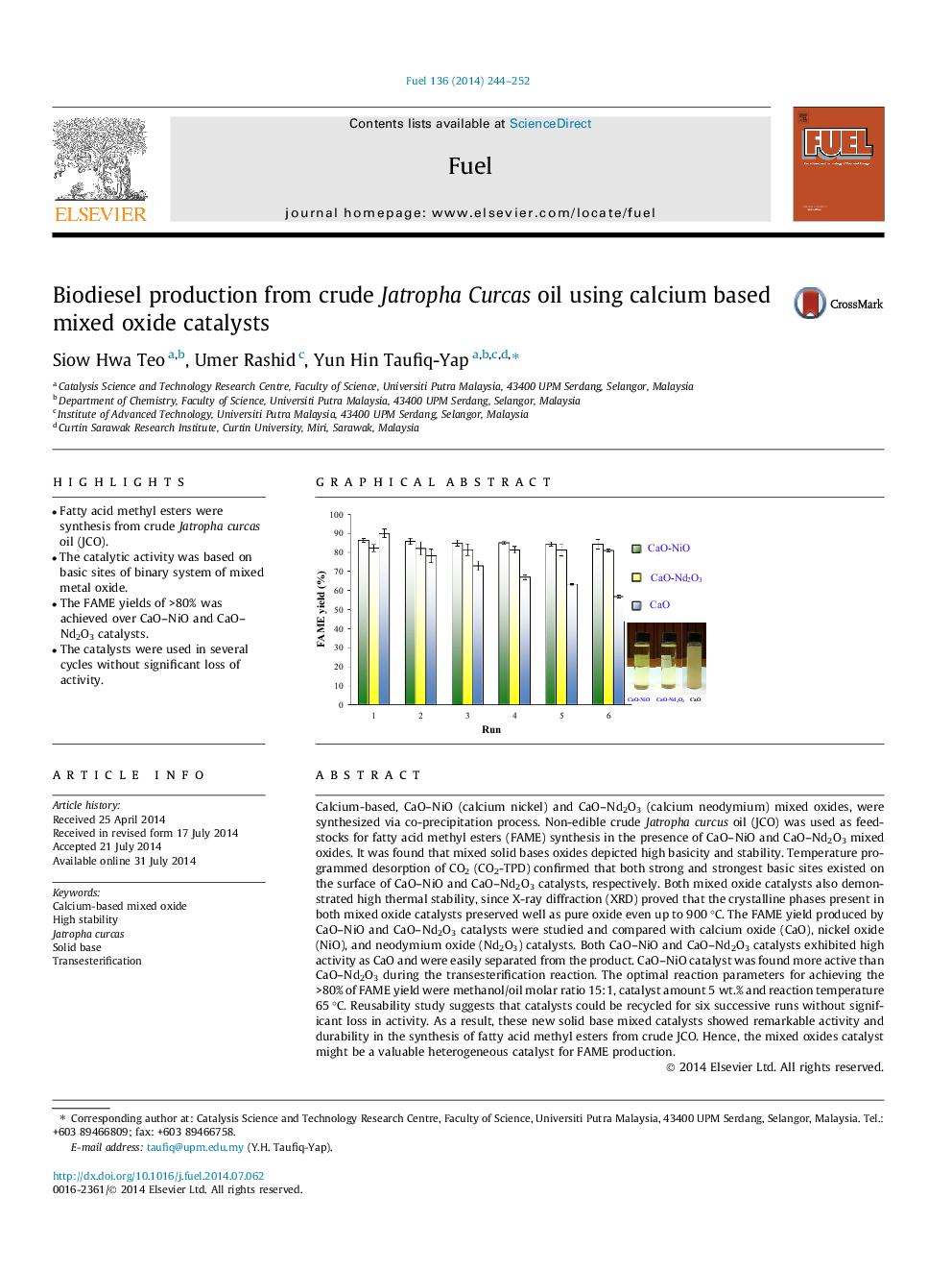 Biodiesel production from crude Jatropha Curcas oil using calcium based mixed oxide catalysts