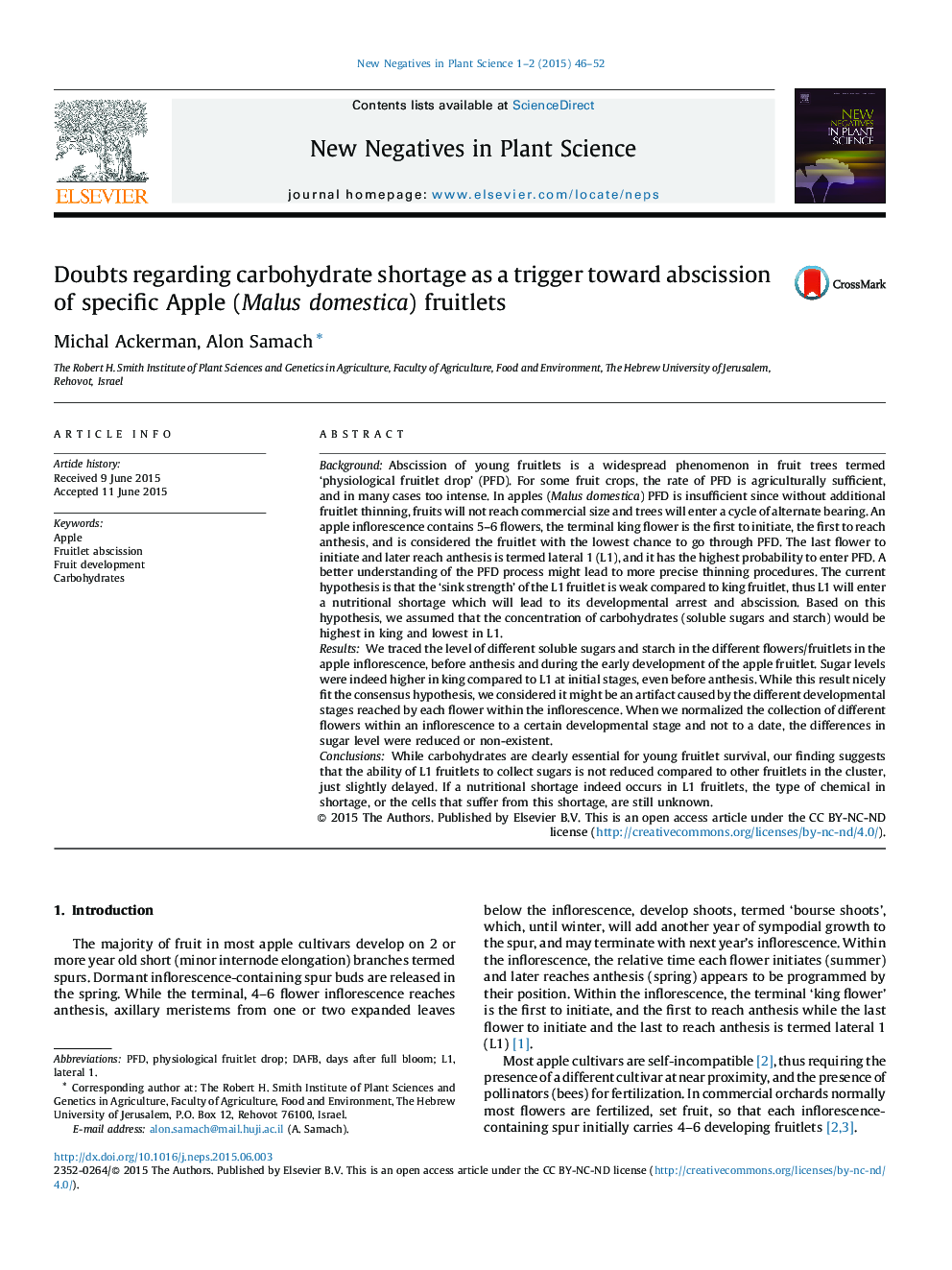 Doubts regarding carbohydrate shortage as a trigger toward abscission of specific Apple (Malus domestica) fruitlets