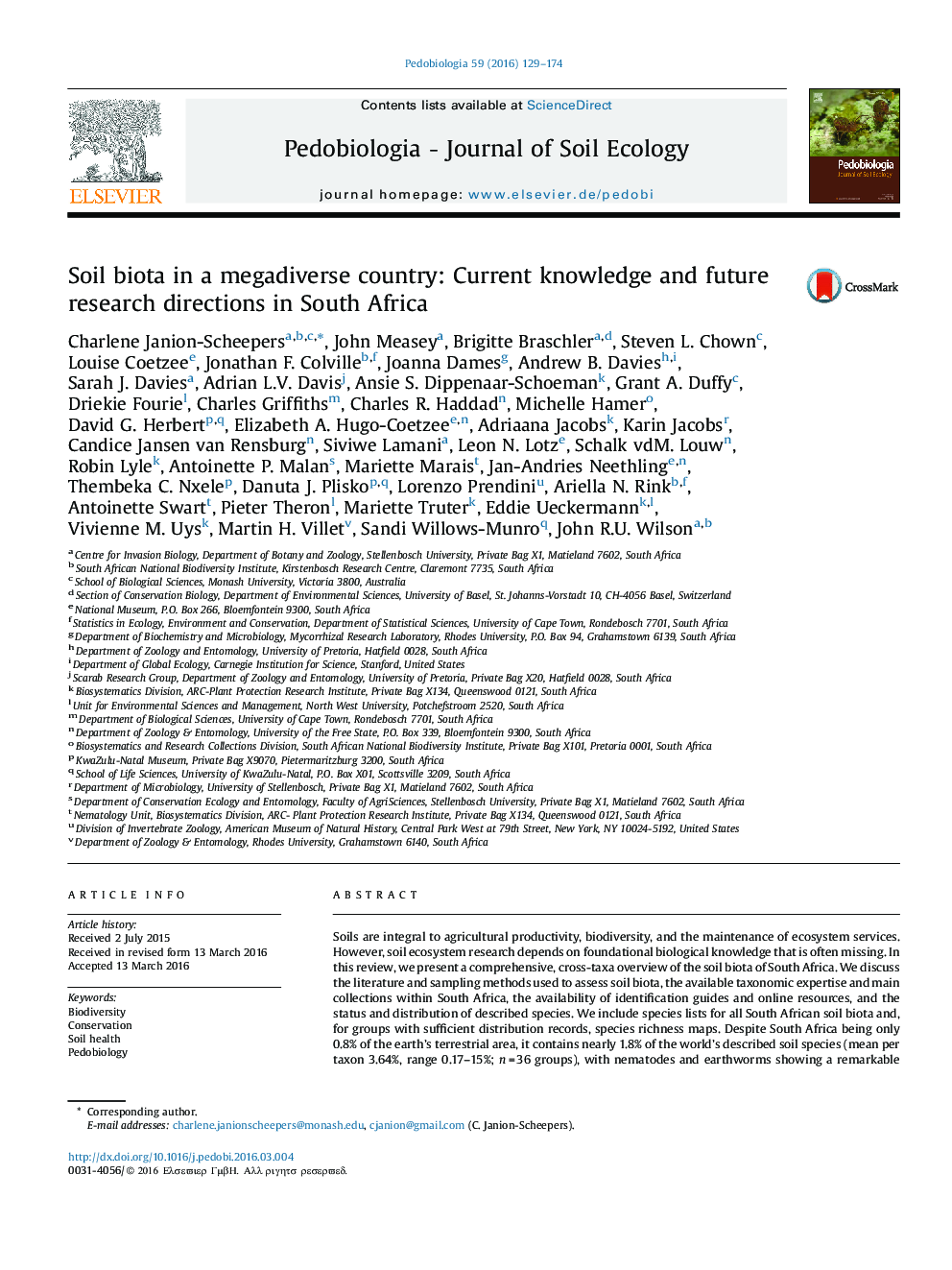 Soil biota in a megadiverse country: Current knowledge and future research directions in South Africa