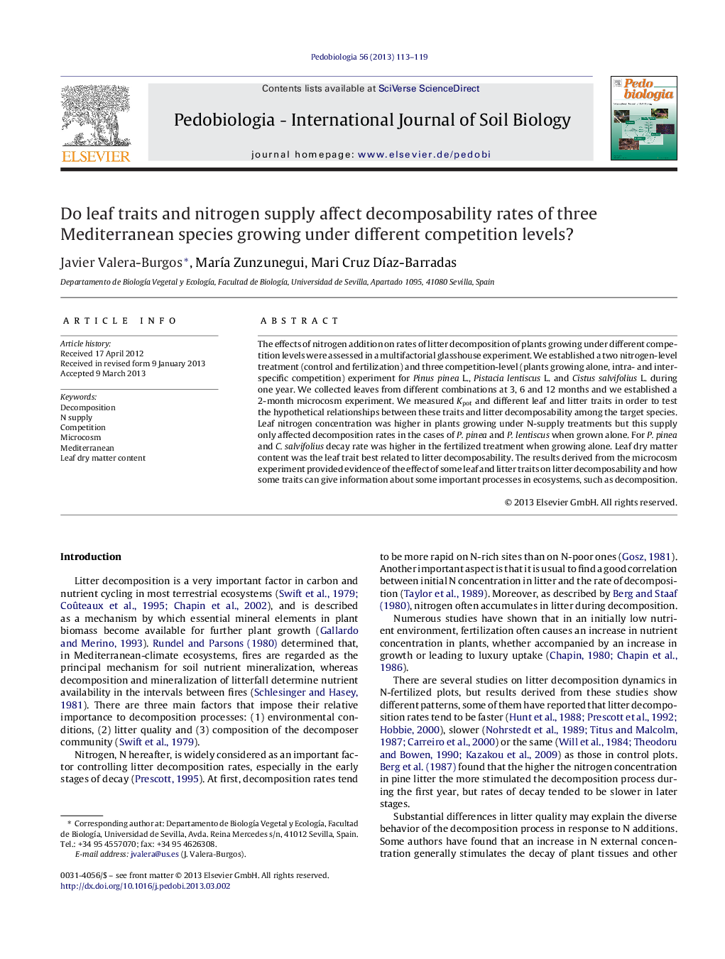 Do leaf traits and nitrogen supply affect decomposability rates of three Mediterranean species growing under different competition levels?