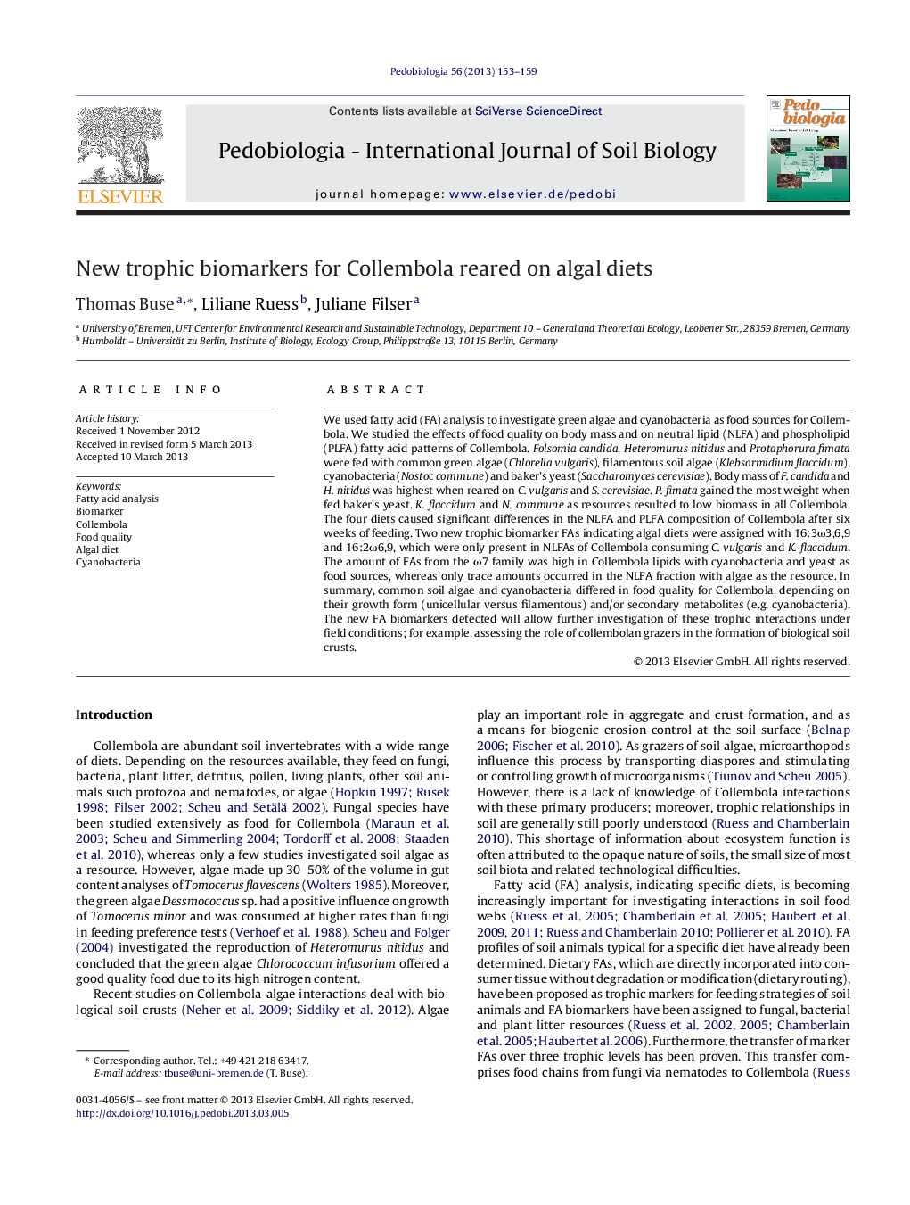 New trophic biomarkers for Collembola reared on algal diets