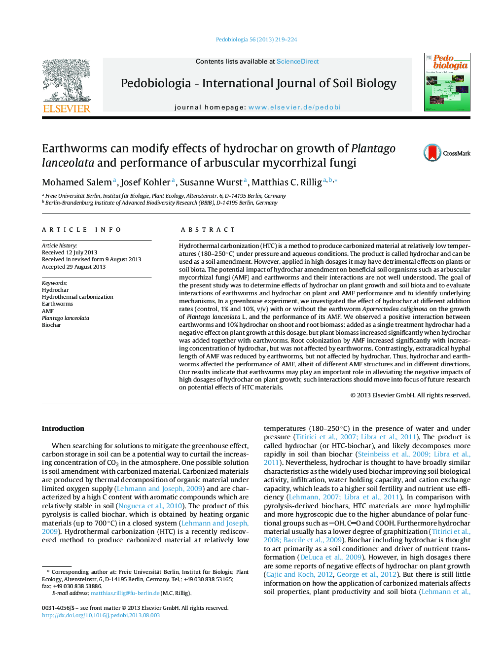 Earthworms can modify effects of hydrochar on growth of Plantago lanceolata and performance of arbuscular mycorrhizal fungi