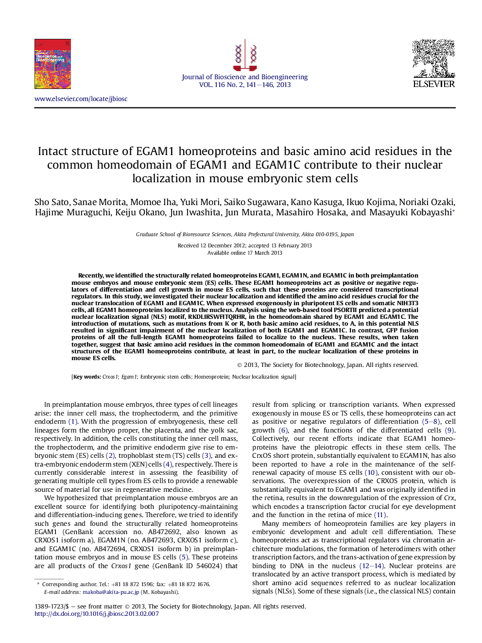 Intact structure of EGAM1 homeoproteins and basic amino acid residues in the common homeodomain of EGAM1 and EGAM1C contribute to their nuclear localization in mouse embryonic stem cells