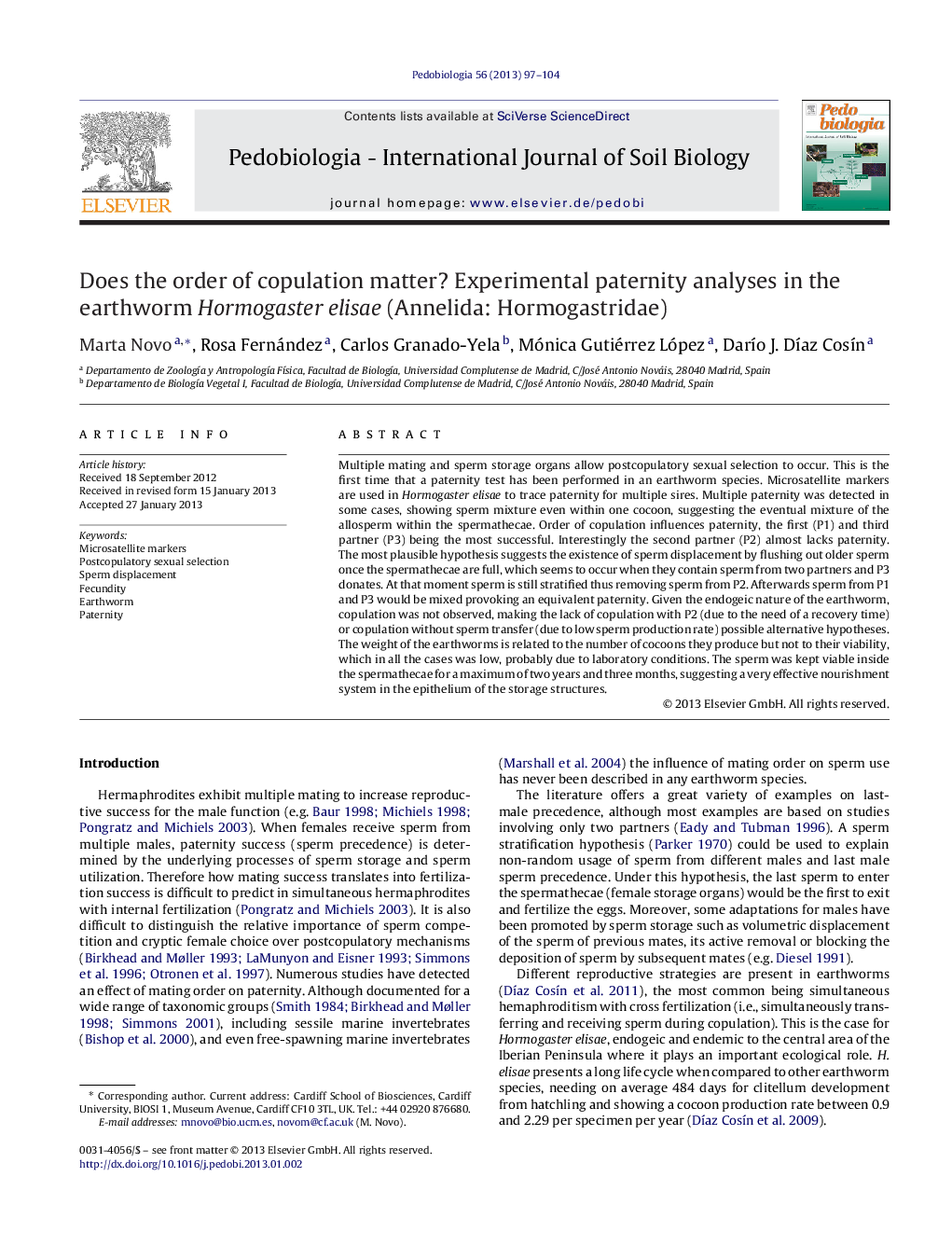 Does the order of copulation matter? Experimental paternity analyses in the earthworm Hormogaster elisae (Annelida: Hormogastridae)